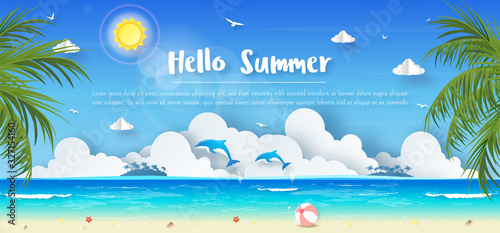 Tropical summer banner background, Colorful clear sky and dolphin in the ocean with copy space, Paper cut style © NuTz