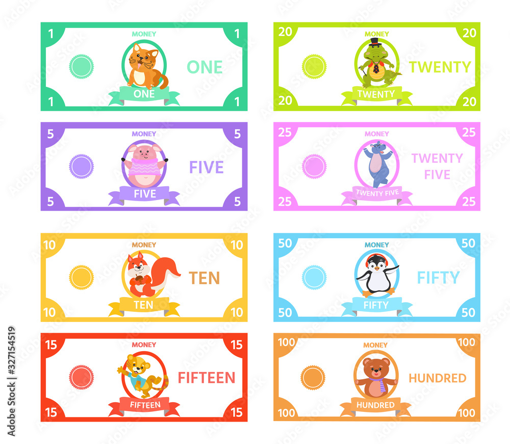 Vector set of paper money for children's games with cute animal Pig, Cat, a hippopotamus, penguin, squirrel, tiger, crocodile. Printable Activity sheet for kids.