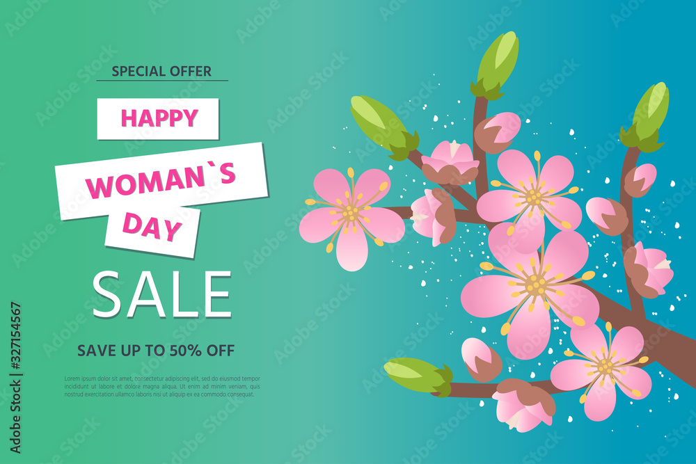 Women's day. Advertise. 8 march. Background with cherry branch. Spring Holiday Sale gift card coupon. Vector illustration for postcards,posters, coupons, promotional material Women's day. Advertise. 8 march. Background with cherry branch. Spring Holiday Sale gift card coupon. Vector illustration for postcards,posters, coupons, promotional material