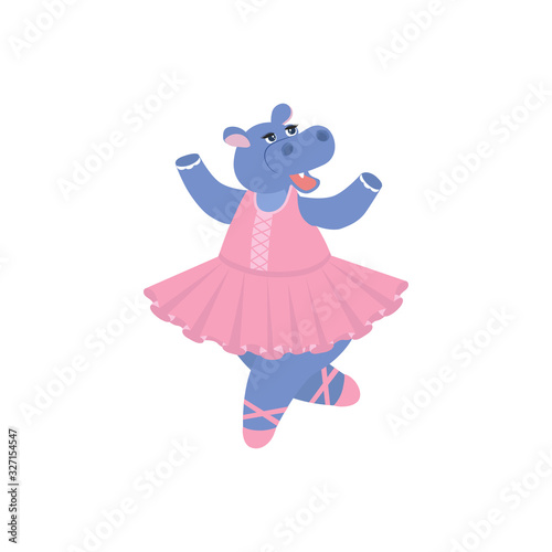 Cute cartoon hippo in ballerina dresses. Vector illustration Can be used for t-shirt print, kids wear fashion design, baby shower invitation card.