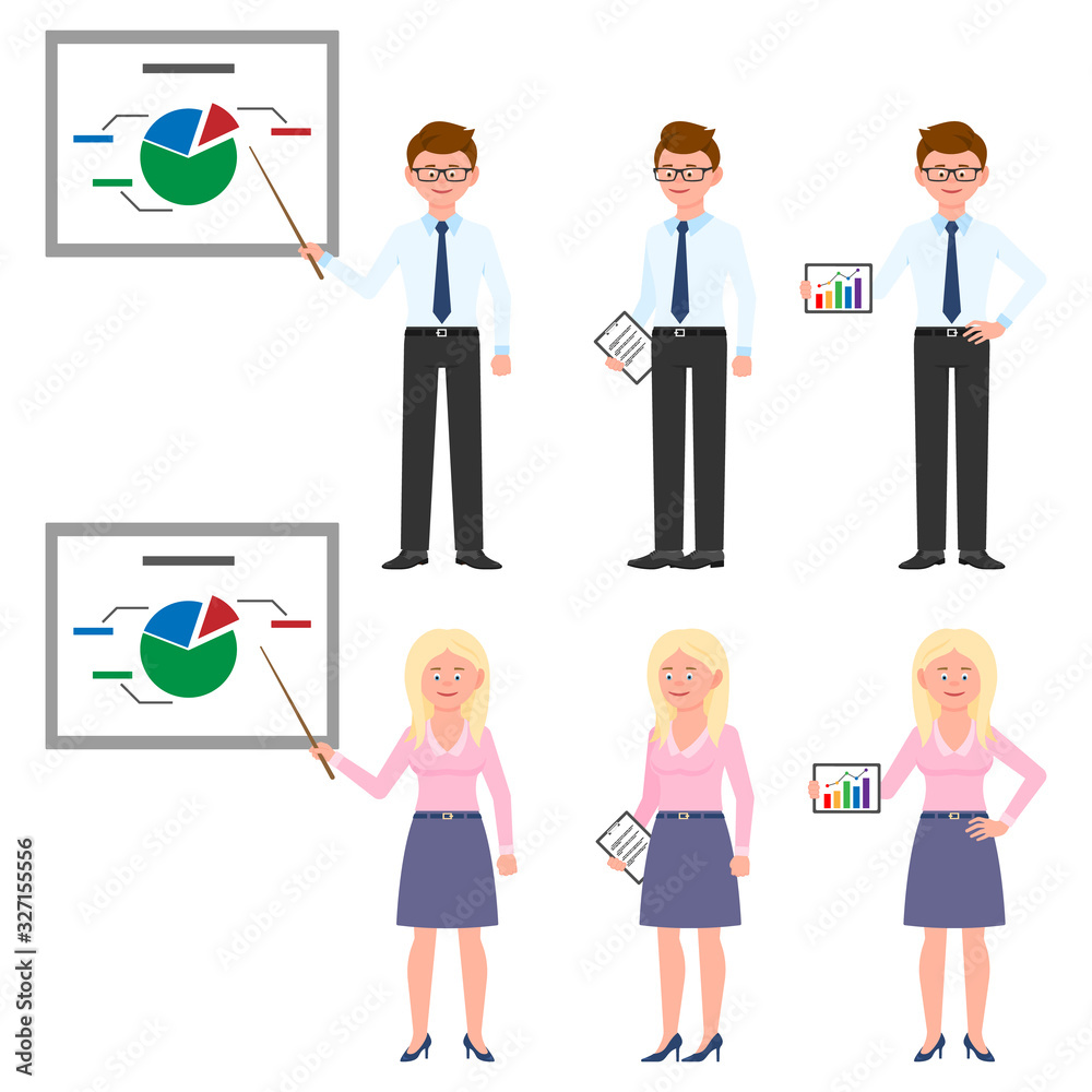 Young, thin office man and woman vector illustration. Standing with pointer, presentation, notes, hands on hips guy and lady cartoon character set on white Young, thin office man and woman vector illustration. Standing with pointer, presentation, notes, hands on hips guy and lady cartoon character set on white