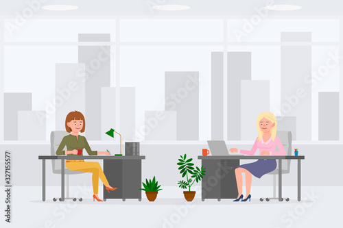 Cute office worker women colleagues vector illustration. Side view writing notes, sitting at desk, typing on computer girl and lady cartoon character set on cityscape background