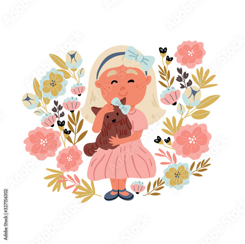 Illustration -girl hugging yorkshire terrier puppy