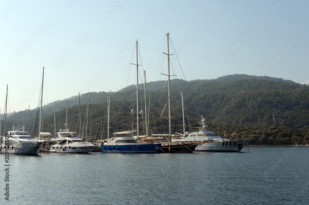 Sea yachts at the pier of the yacht club in the Turkish city of Marmaris