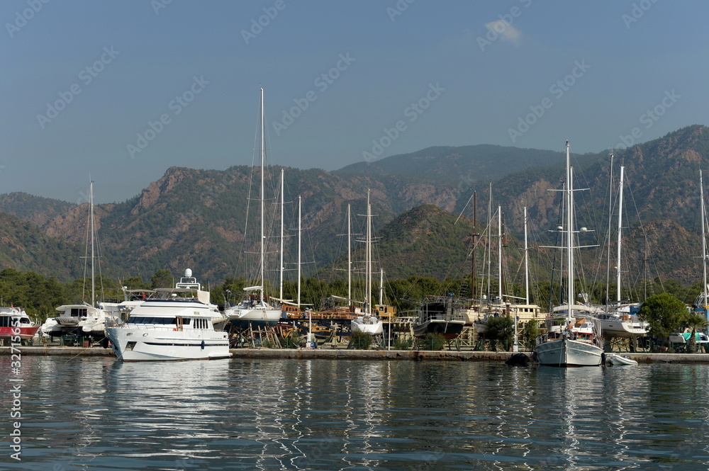 Sea vessels at the port berth in the Turkish city of Marmaris