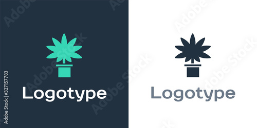 Logotype Medical marijuana or cannabis plant in pot icon isolated on white background. Marijuana growing concept. Hemp potted plant. Logo design template element. Vector Illustration