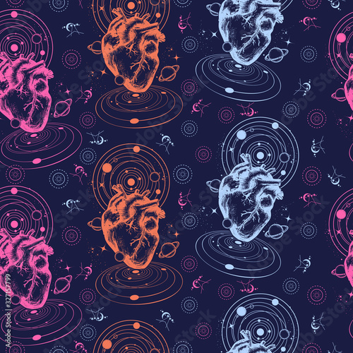 Anatomic heart among galaxies and planets. Seamless pattern. Packing old paper, scrapbooking style. Vintage background. Medieval manuscript, engraving art. Symbol of love, philosophy, psychology