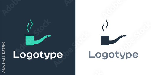 Logotype Smoking pipe with smoke icon isolated on white background. Tobacco pipe. Logo design template element. Vector Illustration