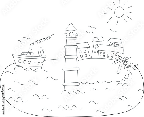 Vector drawing of an island and lighthouse surrounded by the sea. vector ship, small town on the island, palm trees, waves, sun.