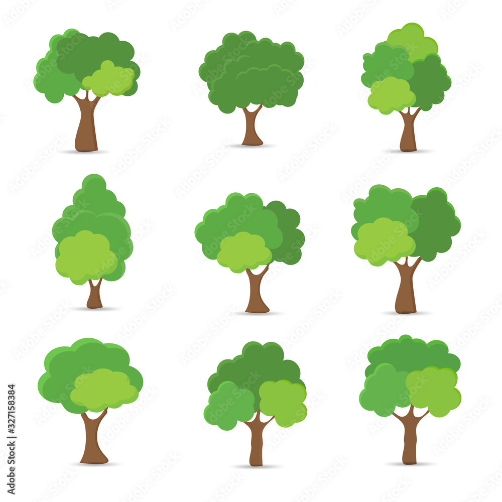Fototapeta premium Zielone drzewo Płodne Różnorodność form na białym tle, zestaw różnych zestawów drzew, drzew do dekoracji ogrodów i projektów domów. Ilustracja wektorowa i ikona
