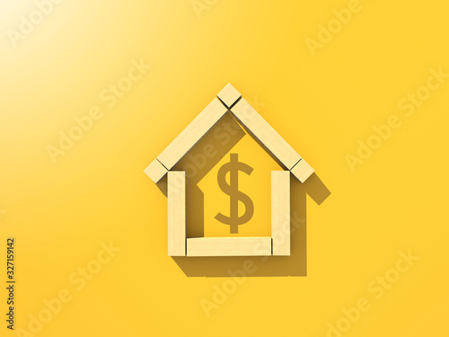 3D illustration real estate property investment and financial house mortgage house symbol wooden block with dollar money sign on yellow paper background