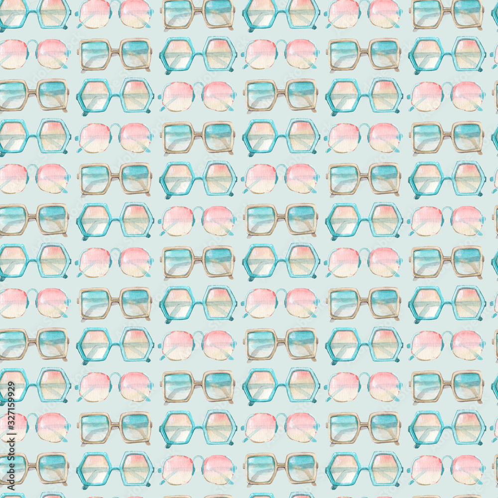 Summer picnic watercolor seamless pattern with sunglasses. Summer picnic watercolor seamless pattern with sunglasses.