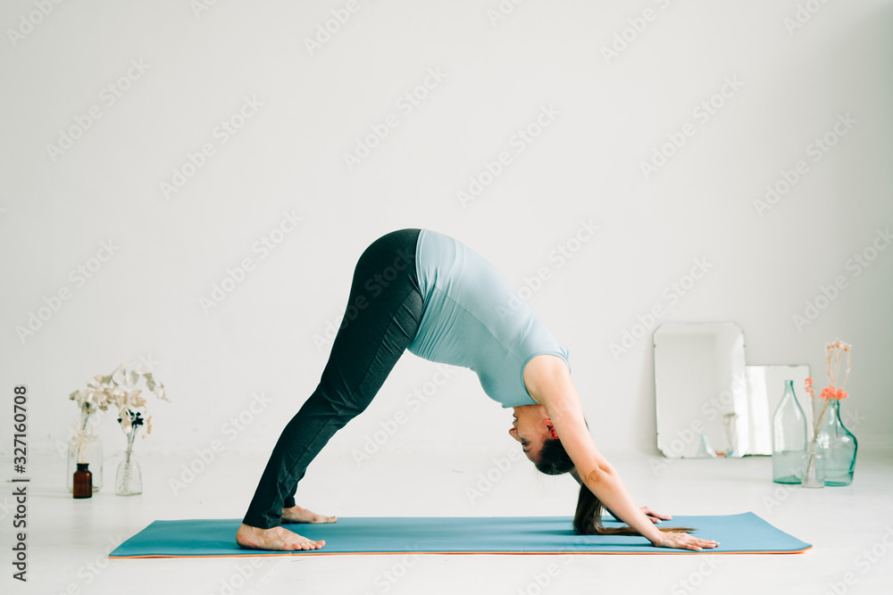 young pregnant girl in sportswear doing yoga, doing asana Adho mukha shvanasana in the Studio young pregnant girl in sportswear doing yoga, doing asana Adho mukha shvanasana in the Studio