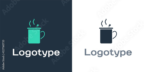 Logotype Mulled wine with glass of drink and ingredients icon isolated on white background. Cinnamon stick, clove, lemon slice. Logo design template element. Vector Illustration