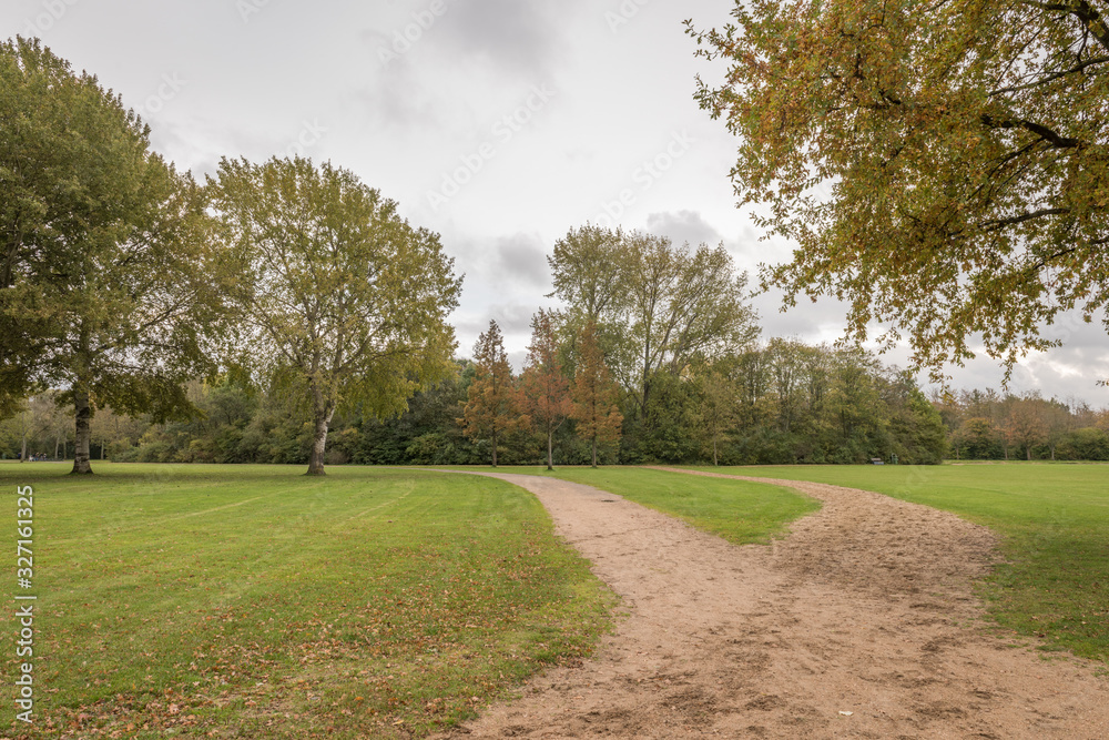 Footpath in a Dutch public park, with grass and trees in Autumn