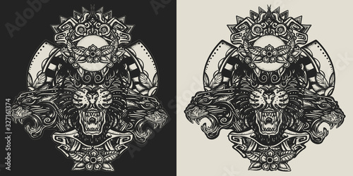 Three angry black panthers. Mayan style. Wild cats queens in jungle. Esoteric totem. Template for clothes, covers, emblems, stickers, poster and t-shirt design. Typography art. Vector illustration