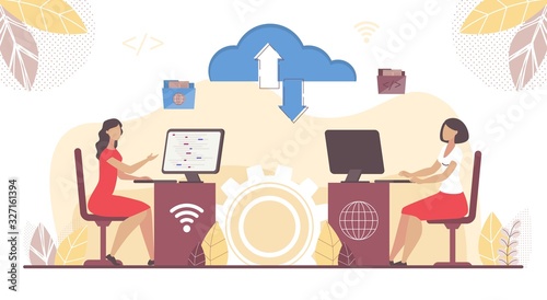 Businesswoman Work in Cloud Software on Computer. SaaS Concept. Global Database Subscription Access. Internet Connection. Remote Management. Worldwide Business. On-Demand Service. Vector Illustration