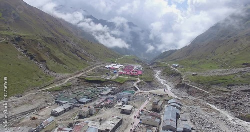 Aerial shot 4k Kedarnath, Uttarakhand, India Beautiful shot of Kedarnath temple & Kedarnath surroundings, Garhwal Himalaya Range. Kedarnath valley Himalaya beautiful nature shot photo