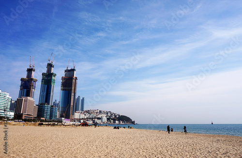 Busan, South Korea - 13th November 2017 : Haeundae Beach around Haeundae District is a district in eastern Busan, South Korea