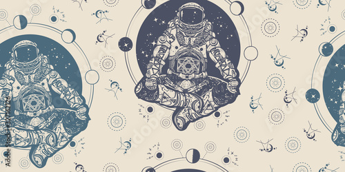 Astronaut in the lotus position, seamless pattern. Packing old paper, scrapbooking style. Vintage background. Medieval manuscript, engraving art. Symbol of meditation, harmony, yoga. Spaceman concept