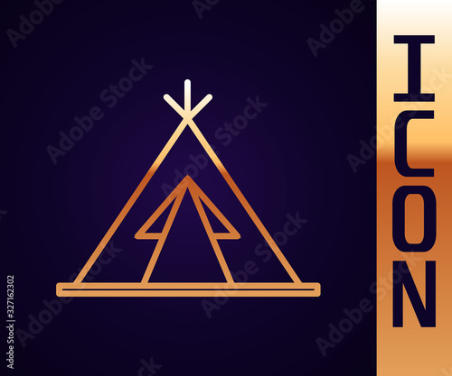 Gold line Traditional indian teepee or wigwam icon isolated on black background. Indian tent. Vector Illustration