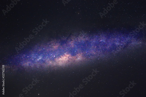 Clearly milky way galaxy in the night sky. Image contains noise and grain due to high ISO. Image also contains soft focus and blur due to long exposure and wide aperture