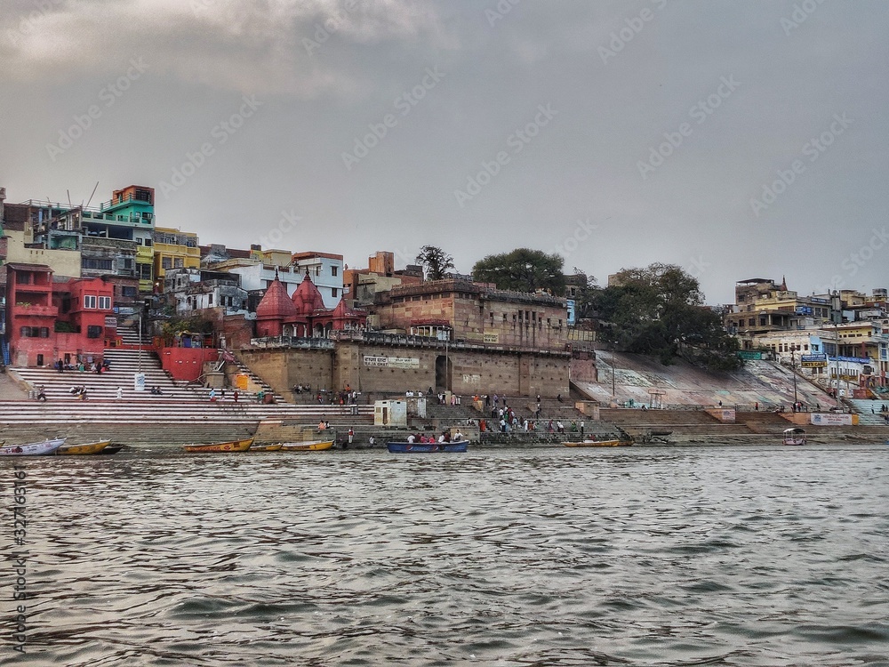 view of Varanasi ghat from the Ganges