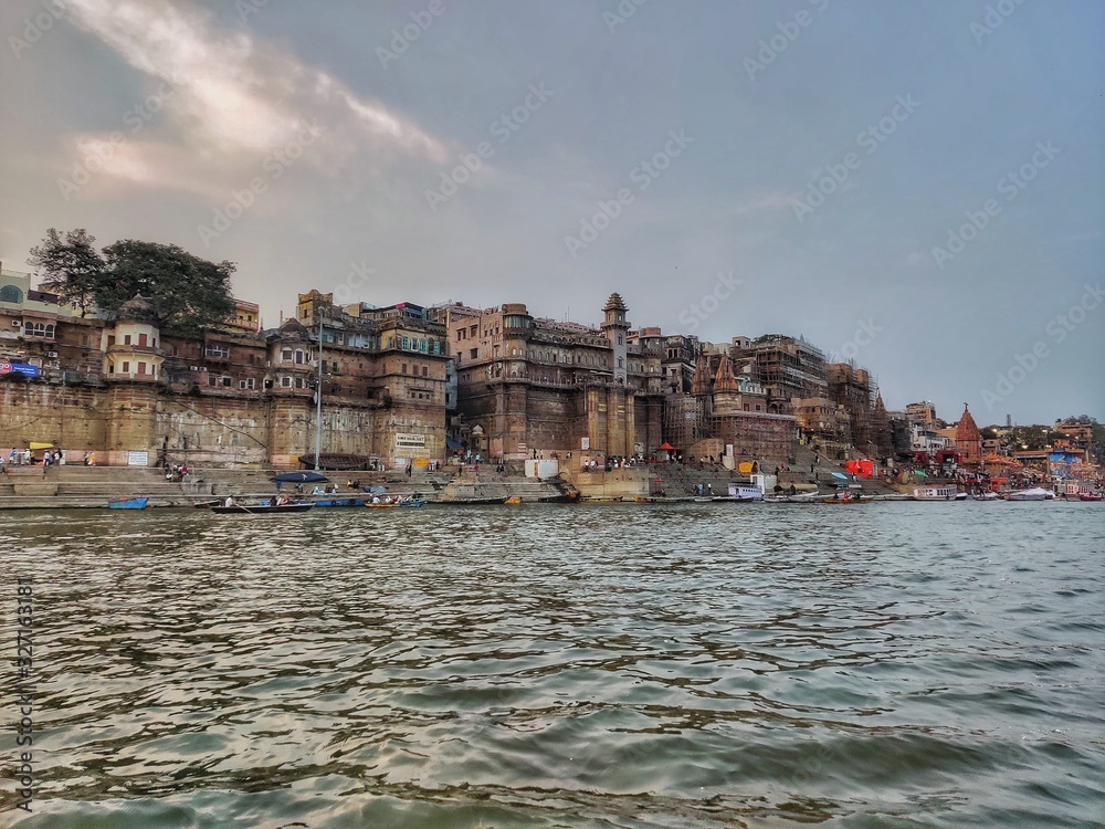 Fototapeta premium view of the Varanasi ghat from the Ganges