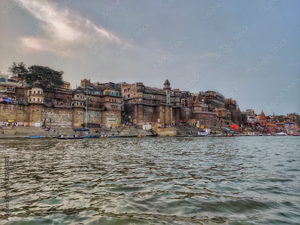 view of the Varanasi ghat from the Ganges