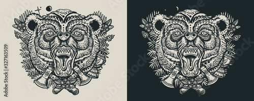 Bear head portrait. Tourism and adventure style. Template for clothes, covers, emblems, stickers, poster and t-shirt design. Typography art. Vector illustration
