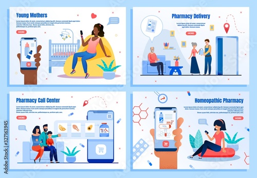 Online Pharmacy, Store Services Mobile Application, Alternative Medicine Drugstore Trendy Flat Vector Web Banners, Landing Pages Templates Set. People Shopping in Internet with Smartphone Illustration