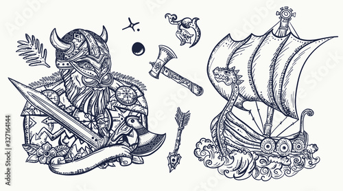 Vikings. Tattoo collection. Medieval barbarian and long boat. Valhalla art. Northern history. Scandinavian culture. Traditional tattooing style