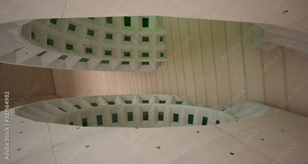 Abstract architectural background interior made of wood, concrete and glass. 3D illustration and rendering.