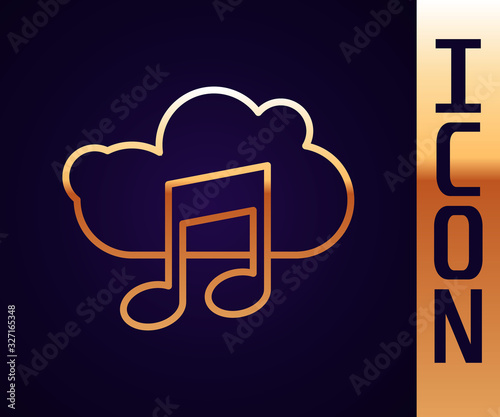 Gold line Music streaming service icon isolated on black background. Sound cloud computing, online media streaming, song, audio wave. Vector Illustration