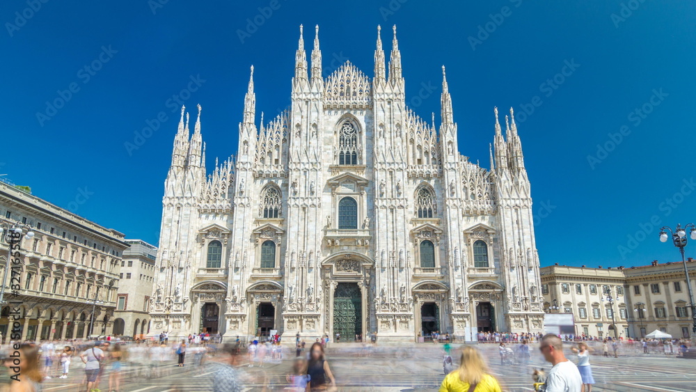 The Duomo cathedral timelapse . Front view with people walking on square