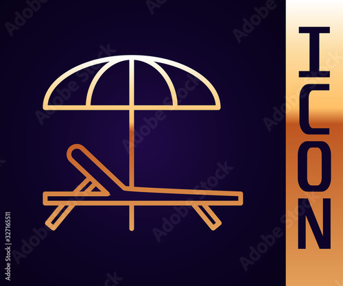 Gold line Sunbed icon isolated on black background. Beach umbrella and Sun lounger. Vector Illustration