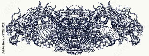 Dragons and tiger head. Traditional asian concept. Ancient China and Japan. Mythology and culture. Yakuza tattoo style