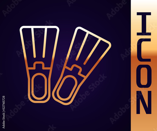 Gold line Rubber flippers for swimming icon isolated on black background. Diving equipment. Extreme sport. Sport equipment. Vector Illustration