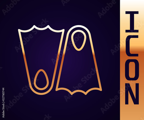 Gold line Rubber flippers for swimming icon isolated on black background. Diving equipment. Extreme sport. Sport equipment. Vector Illustration