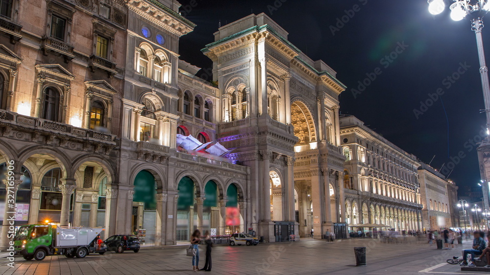 Night view of Vittorio Emanuele II Gallery timelapse in Milan, Italy