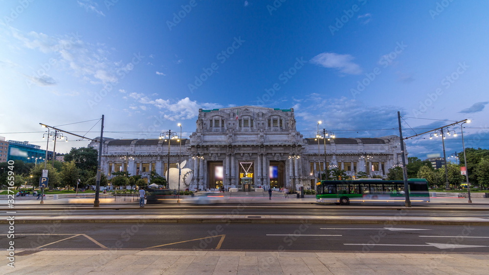 Milano Centrale day to night timelapse in Piazza Duca d'Aosta is the main railway station of the city of Milan in Italy.