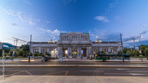 Milano Centrale day to night timelapse in Piazza Duca d'Aosta is the main railway station of the city of Milan in Italy.