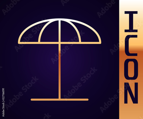 Gold line Sun protective umbrella for beach icon isolated on black background. Large parasol for outdoor space. Beach umbrella. Vector Illustration
