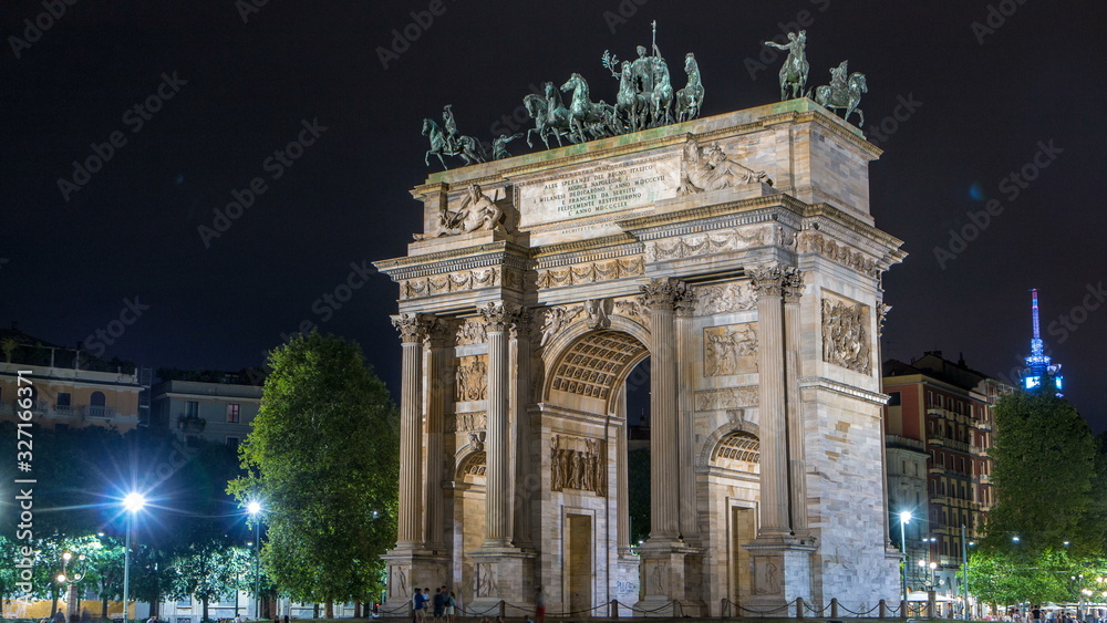 Arch of Peace in Simplon Square timelapse at night. It is a neoclassical triumph arch