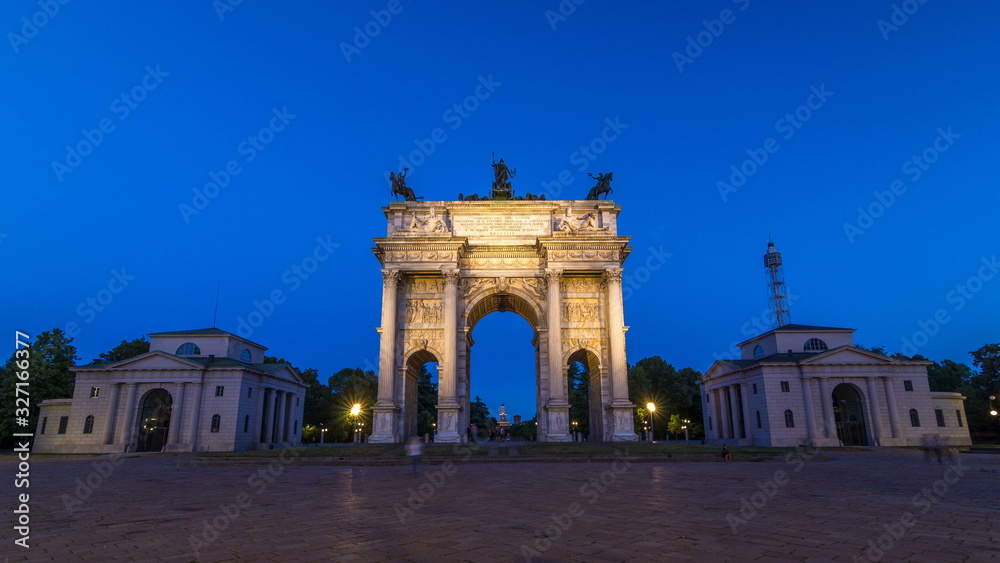 Arch of Peace in Simplon Square day to night timelapse. It is a neoclassical triumph arch