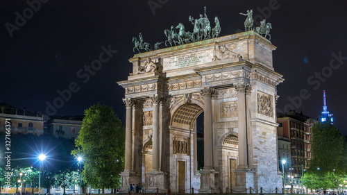 Arch of Peace in Simplon Square timelapse at night. It is a neoclassical triumph arch © neiezhmakov