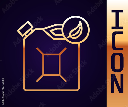 Gold line Bio fuel canister icon isolated on black background. Eco bio and barrel. Green environment and recycle. Vector Illustration