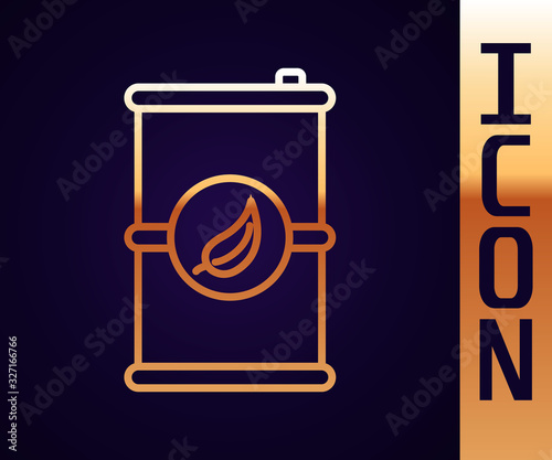 Gold line Bio fuel barrel icon isolated on black background. Eco bio and canister. Green environment and recycle. Vector Illustration