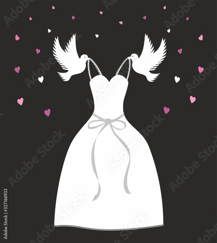 Vector illustration, white dress carried by pigeons with association to Cinderella.