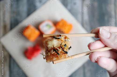 Fresh sushi rolls close up, top view